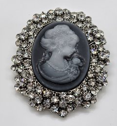 Grey Resin Cameo, Austrian Crystal Brooch In Silvertone