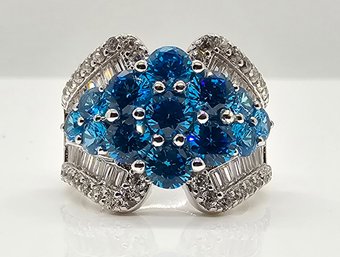 Premium Blue And White CZ, Rhodium Over Sterling Ring