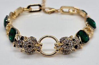 Austrian Crystal, Green Glass Bracelet In Goldtone