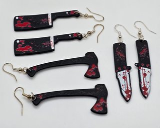 Three Pair Of Handcrafted Bloody Halloween Horror Earrings With Sterling Ear Wires