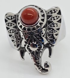 Red Agate Elephant Head Ring In Stainless