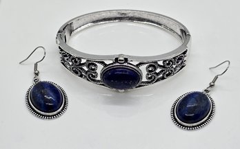 Lapis Bangle Bracelet & Earrings In Stainless