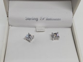 New CRISLU Sterling Platinum & Cubic Zirconia Square Stone Stud Earrings In Box