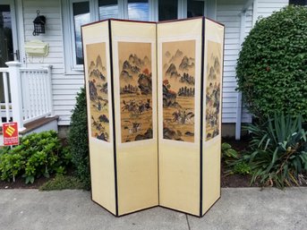 Vintage Silk Hand Painted 4-Panel Asian Room Divider - One Panel Has Damage