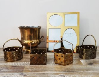 Mixed Lot Of Solid Brass Woven Baskets, Planter & Collage Frame