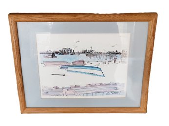 1981 Helen McDermott Studios MacMillan Wharf Provincetown RI Framed Color Pen & Ink Etching Print