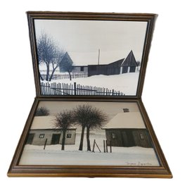 Two Vintage 1970s  Framed Jacques Deperthes Signed Lithographs-winter Country House & Barn In Winter