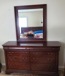 Handsome Cherry Wood Stained Long Dresser With Mirror