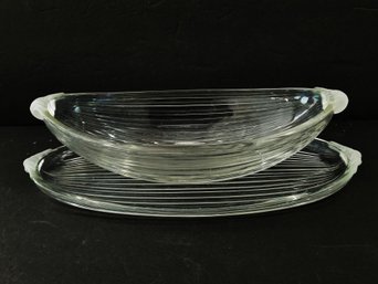 Vintage Ribbed Clear Glass Oval Serving Bowl & Plate With Handles