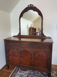 Superb Antique Jacobean Style Wood Carved Dresser With Mirror