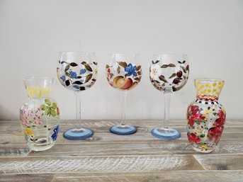 Hand Painted Wine Glasses & Small Carafes