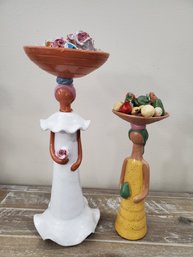 Two Vintage LIME Artesania Domenican Republic Pottery Lady Figurines