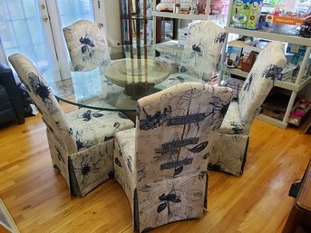 Jordan's Beveled Edge Round Glass Table With Gold Ball Pedestal & Five Elka Upholstered Side Chairs