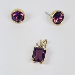 Vintage Gold Tone Purple Stone Earrings And Pendant Matching Set