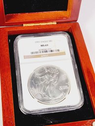 1991 American Silver Eagle US $1 NGC  Slab  MS69 In Wooden Display Box