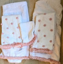 Plush Designer Bathroom Towel Set - White With Pink Fringe And Pom-pom Accents