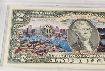 Bradford Exchange - $2 Dollar Bill - Colorized Maryland Statehood Uncirculated Note In Slab