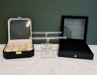 Vintage Leather 8 Slot Watch Box, Ring Display Case & Two Acrylic T-bone Jewelry Display Stands