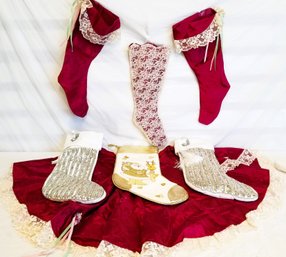 Vintage Lot Of Christmas Stockings & Handmade Red & Ivory Lace Tree Skirt