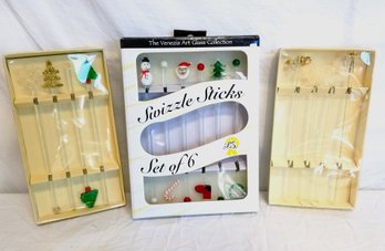 Vintage 3 Boxes Of Adorable Art Glass Christmas Swizzle Sticks/Drink Stirrers