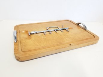 Vintage MCM Wooden Cutting Board With Stainless Steel Meat Holder & Handles