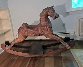 Antique Carved Wooden Rocking Horse With Gorgeous Color And Great Attention To Detail Leather