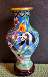 A Cloisonne Panda Vase - With Rosewood Stand