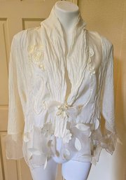 Lee Anderson Designer Crushed Silk Blouse With Floral Applique - Size M