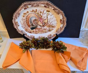 Unmarked Transferware With Harvest Turkey Pattern Paired With 5 Napkins And 4  Floral Napkin Holders.