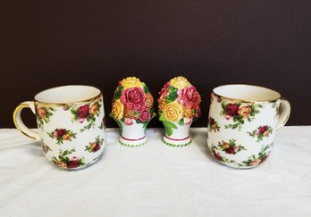 Vintage 1998 'old Country Roses' Salt & Pepper Shakers & Coffee Cups By Royal Albert Fine Bone China