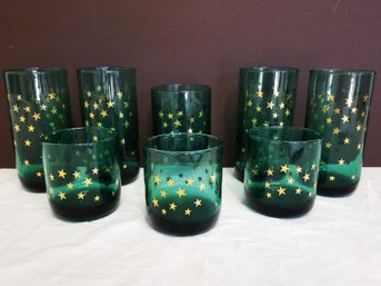 RARE Vintage Set Of 8  Metropolitan Libbey Juniper Green Celestial Star Tumblers & Rocks Glasses