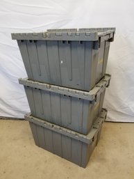 Three Monoflo 12 Gallon Commercial Interlocking Flip Top Tote Storage Containers With Hinged Lids