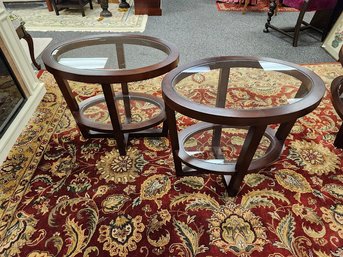 Oval Glass And Wood Matching End Tables