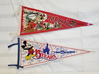 Vintage Retro Walt Disney World 15th Anniversary & Mickey Mouse Memories Felt Pennants