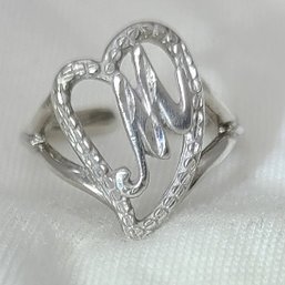 Vintage Sterling Silver Adjustable Monogrammed 'M' Heart Ring ~ 2.84 Grams