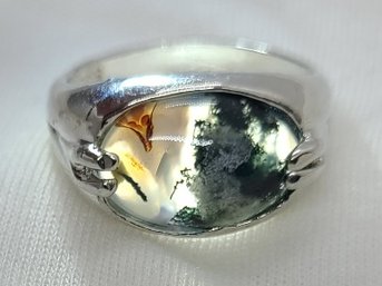 Vintage Sterling Silver Size 9 Moss Agate Ring ~ 5.08 Grams