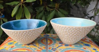 2 Nubby Textured Modern Designed Sculpted Sculpted Ceramicrior  Bowls With Beautiful Blue Interior