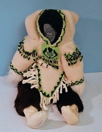 Antique Handmade Indigenous Eskimo Doll With Natural Hide And Fur Clothing