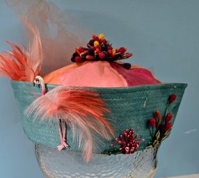 Vintage 1940s Era Jeweled Coral Reef, Tulle And Flamingo Sailor's Hat With Feather Accents