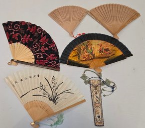 Assorted Vintage Hand Held Paper And Silk Fabric Fans With Bamboo Frames And A Hand Embroidered Pouch