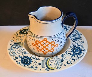 Hand Painted Vintage Eurpean Ceramic Pitcher And Matching  Bowl Unknown Maker