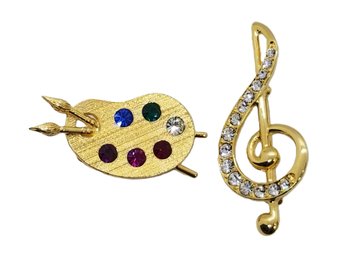 Vintage Monet Gold Tone With Rhinestones Paint Palette Pin & Treble Clef Musical Note Brooch