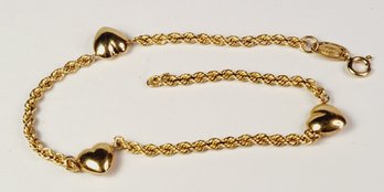 Unique 14k Yellow Gold Heart  / Rope Chain Link Bracelet