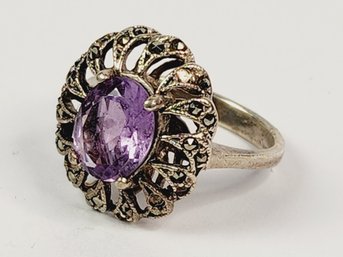 Vintage Sterling Silver Marcasite Amethyst Victorian Design Ring