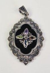 Vintage Beautiful Sterling Silver Marcasite &  Multi-colored  Stone Pendant