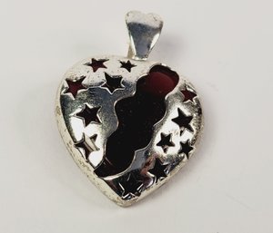 Retro Sterling Silver Maroon Colored Stone Starry Heart Pendant