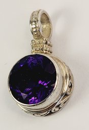 Vintage Solid Sterling Silver Filagree  Large Amethyst Stone Pendant