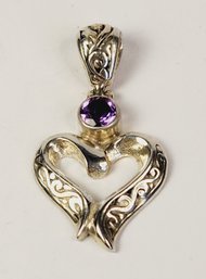 Vintage UNiQUE  Sterling Silver  Amethyst Filigree Heart Pendant