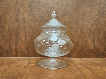 Vintage Etched Clear Glass Footed Apothecary Or Candy Dish W/lid