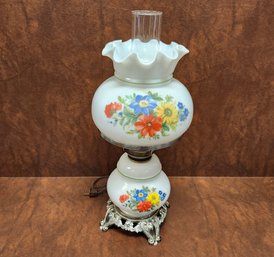 Vintage Milk Glass & Floral Hurricane Lamp